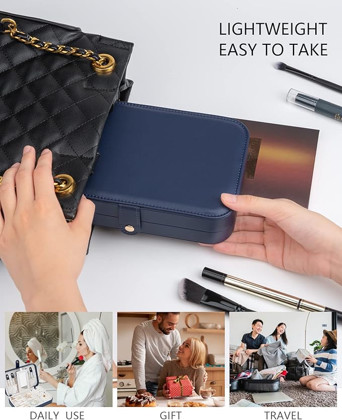 2-Layer Travel Jewelry Box for Women, Portable Jewelry Organizer with Mirror & Removable Dividers, PU Leather Jewelry Case – Gift for Wife, Mom, Girlfriend (Navy White)