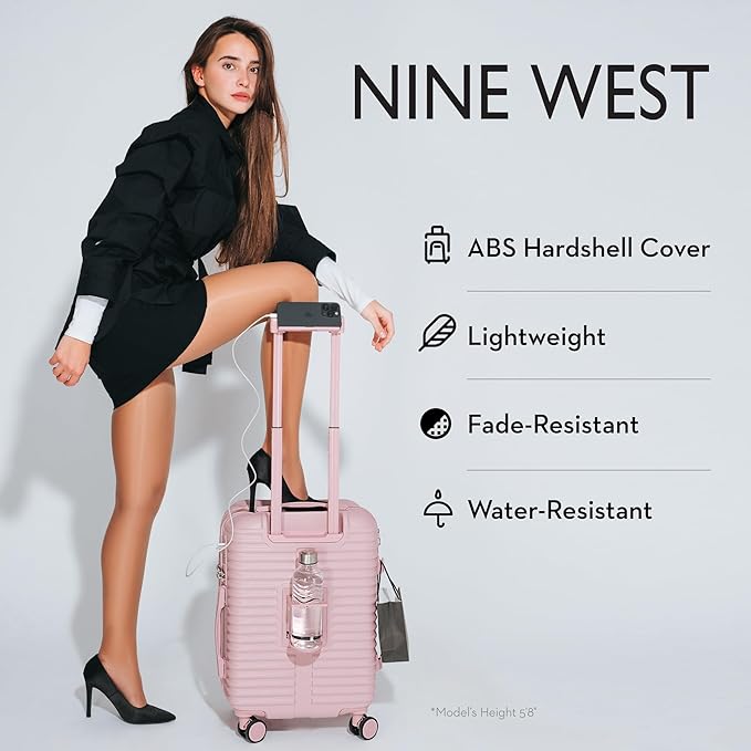 Nine West Suvi 20" Inch Smart Carry On Luggage with Wheels, Hardshell Suitcase with Cup Holder & USB Port for Charging, Airline Approved Cabin Bag Muted Lilac