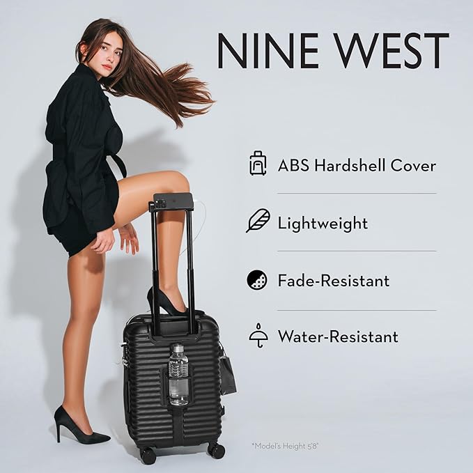 Nine West Suvi 20" Inch Smart Carry On Luggage with Wheels, Hardshell Suitcase with Cup Holder & USB Port for Charging, Airline Approved Cabin Bag Midnight Black