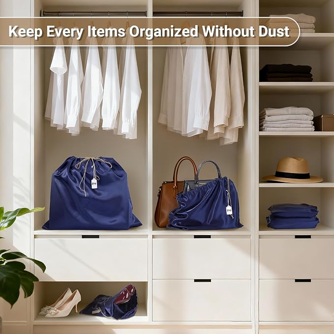 Ewen 7 Pack Small Medium Large Dustproof Satin Drawstring Bags with Blank Tags, Travel Packing Bags with Tag for Purse Organizer Home Organization Storage, Dark Blue Dustbags for Handbags Shoes Closet