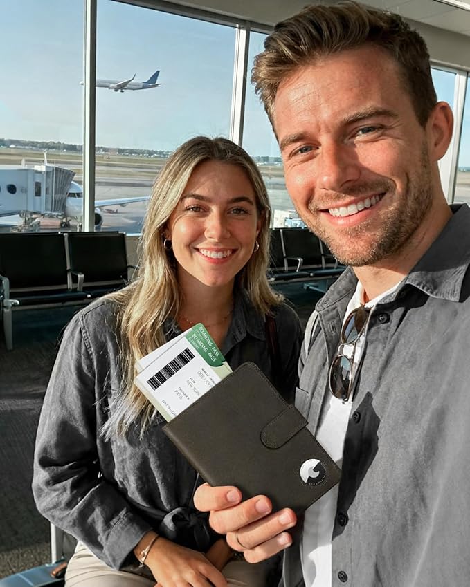 LORZOR Passport Holder for Travel: Full Grain Leather Passport Cover with Airtag Holder Magnetic Buckle for Men - RFID Blocking Bifold Wallet for Air Ticket Card Cash Coin (Black-yellow)