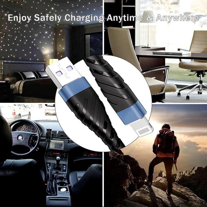 OIITH MFi Certified for iPhone Charger Cable 3 Pack 10 Ft, Extra Long for Lightning Charging Cord, Fast 2.4A for iPhone USB Cord Compatible with iPhone12/11/XS/Max/XR/X/8/8P/7P/6/iPad - Indigo