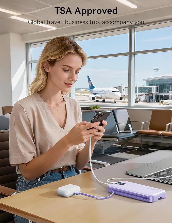 Portable Charger, 12000mAh 22.5W Fast Charging Power Bank with Built-in Cables & Wall Plug, Travel Essentials Battery Pack with LED Display, USB C External Battery Bank for iPhone iPad, Samsung Purple