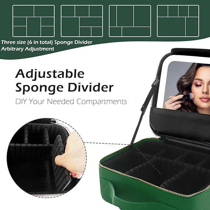 MOMIRA Travel Makeup Bag Cosmetic Bag Makeup Organizer Bag with Lighted Mirror, Adjustable Brightness in 3 Color Scenarios, Waterproof Makeup Train Case, Gift for Women - Emerald green