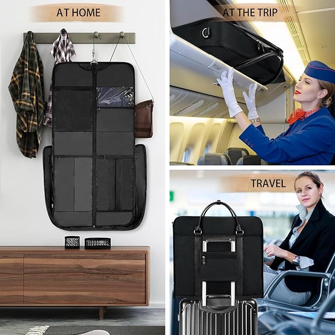 Garment Bag Travel Large Leather Carry On Suit Bag with Strap for Business Hanging Suitcase Luggage Bags for Men Women (Black)
