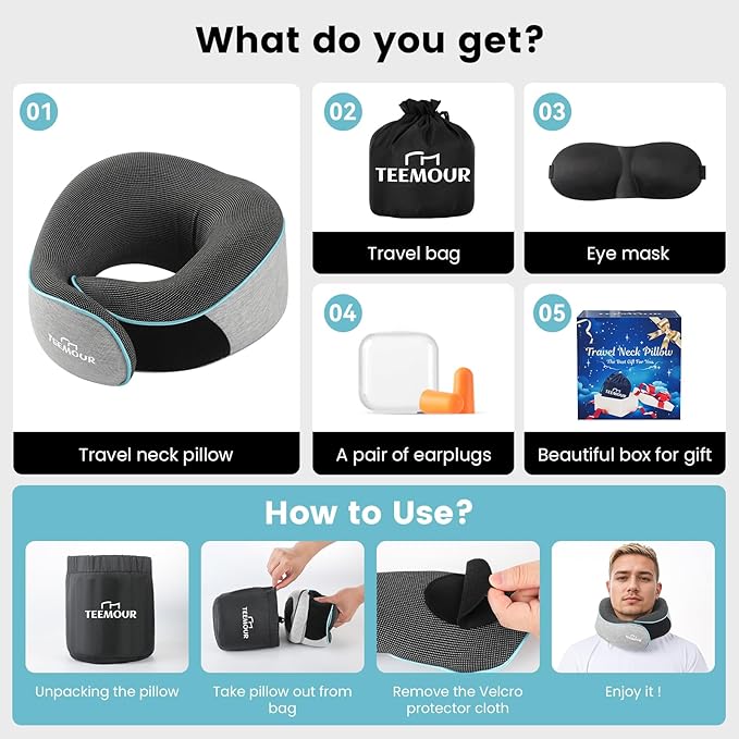 Upgraded Travel Neck Pillow Airplane- 360ยฐ Support Travel Pillows for Airplanes, Stocking Stuffers Gifts for women With Eye Mask & Earplugs, Portable Carry Bag for Long Flights| Best Travel Essentials