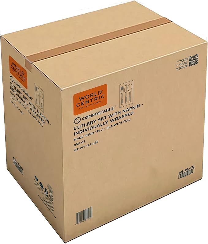World Centric Compostable Cutlery with Napkin 6" - TPLA, Assorted and Wrapped - 250 Pack