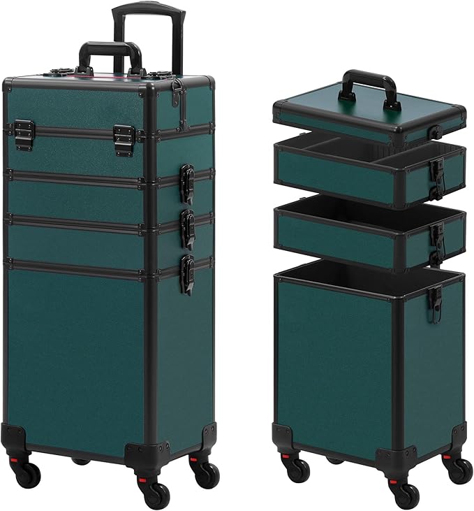 Makeup Train Case, Rolling Makeup Case with Lid, 5 in 1 Cosmetology Case on Wheels, Christmas Gift, Large Makeup Case Organizers, Profesional Cosmetic Case for Salon Barber, Black Green