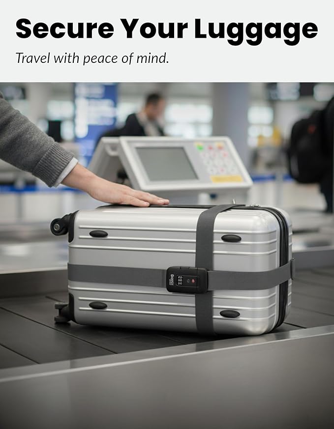 TSA Approved Luggage Straps – Set of 2 Anti-Burst Adjustable Polyester Suitcase Belts with 3-Dial Combination Lock – Prevents Accidental Opening, Secure Travel (Gray)