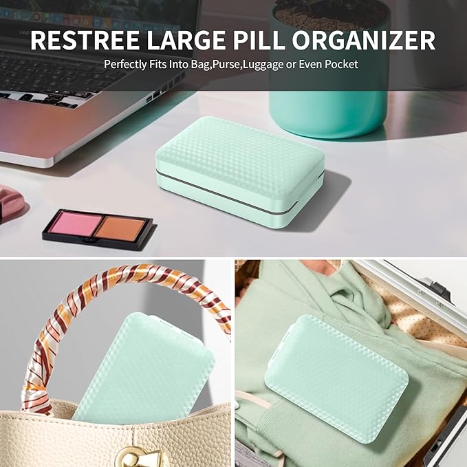 Restree Weekly Pill Organizer, Magnetic Moisture Proof Pill Case, Large Capacity Travel Pill Box with Inner Clear Lid for Vitamins, Supplements, and Daily Medications 8 Compartment (Green)