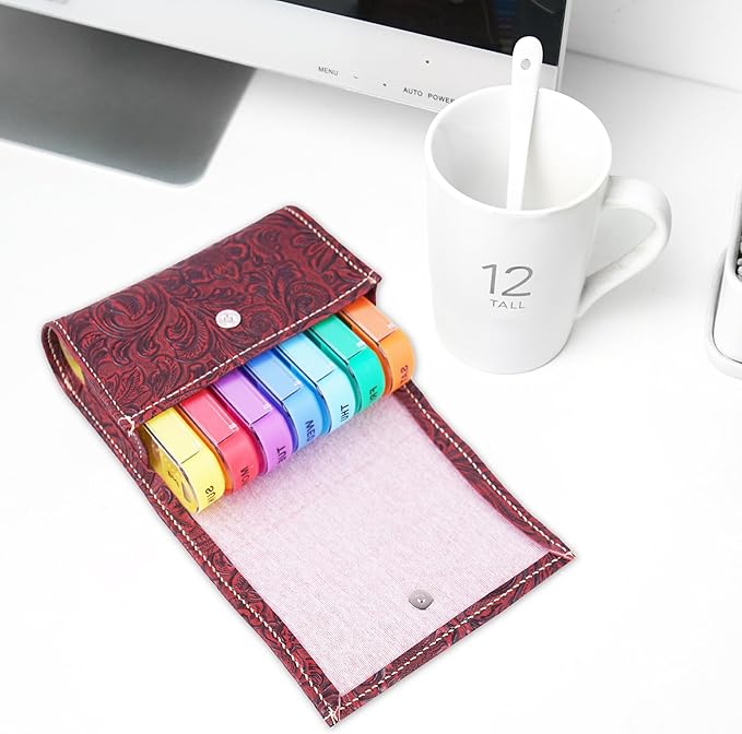 Pill Organizer,LIZIMANDU Weekly Travel Pill Case Box Medication Reminder Daily AM PM, Day Night 7 Compartments,for 4 Times A Day, 7 Days a Week-Includes Leather PU Carrying Case(1-Carved Red)