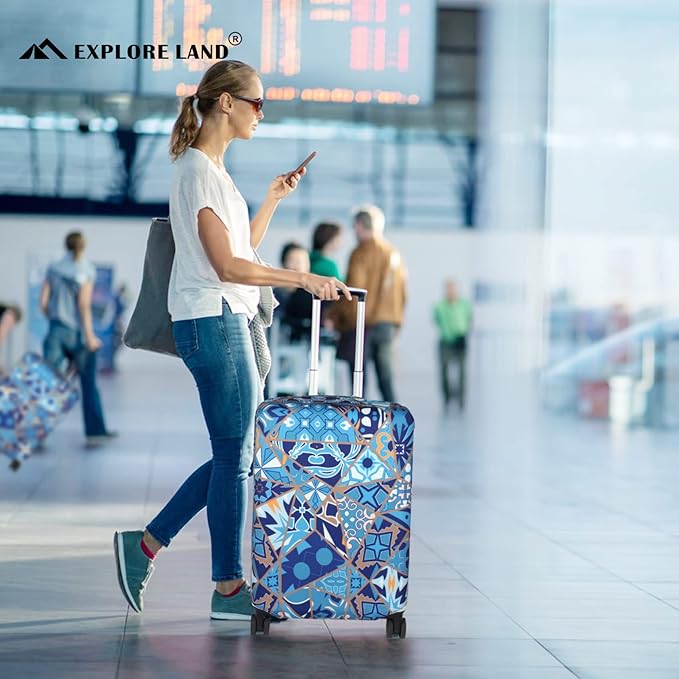 Explore Land Travel Luggage Cover Suitcase Protector Fits 27-30 Inch Case (Portuguese tiles, L)