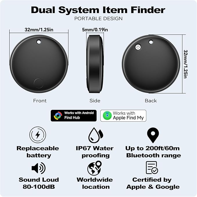 Eelexa Smart Tag Tracker, Dual System Air Tracker Tag for iOS and Android, Compatible with Apple Find My or Google Find Hub Smart Keys Finder Item Locator with Waterproof&Light (Black-2Pack)