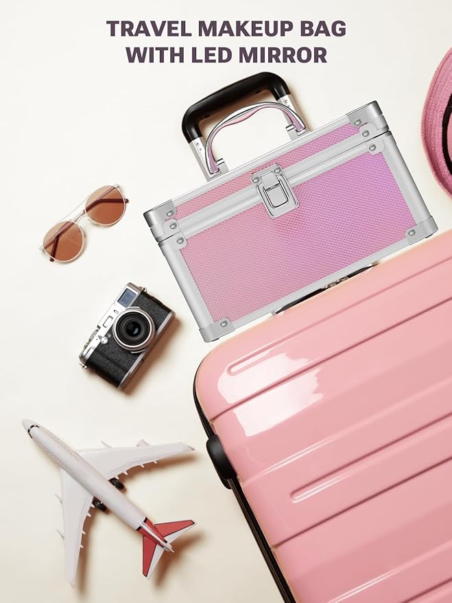 Qislee Makeup Box Mini with A Detachable Lighted Mirror, Waterproof Small Makeup Case,Cosmetic Organizer and Travel Train Case with Magnetic LED Mirror(Silver Frame Iridescent Pink)