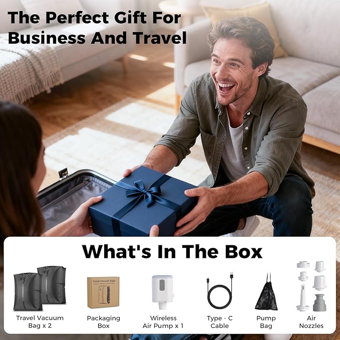 HONKID Vacuum Bags for Travel with Wireless Pump (2PC) - IP67 Waterproof Reusable Vacuum Compression Travel Bags for Luggage & Suitcases, Space Saver for Clothes & Travel Clothing