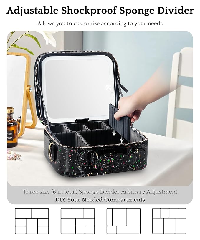 MOMIRA Travel Makeup Bag Cosmetic Bag with Lighted Mirror, Adjustable Brightness in 3 Color Scenarios/Detachable makeup mirror, 2024-All-round Upgrade, Waterproof, Gift for Women -Glett Black