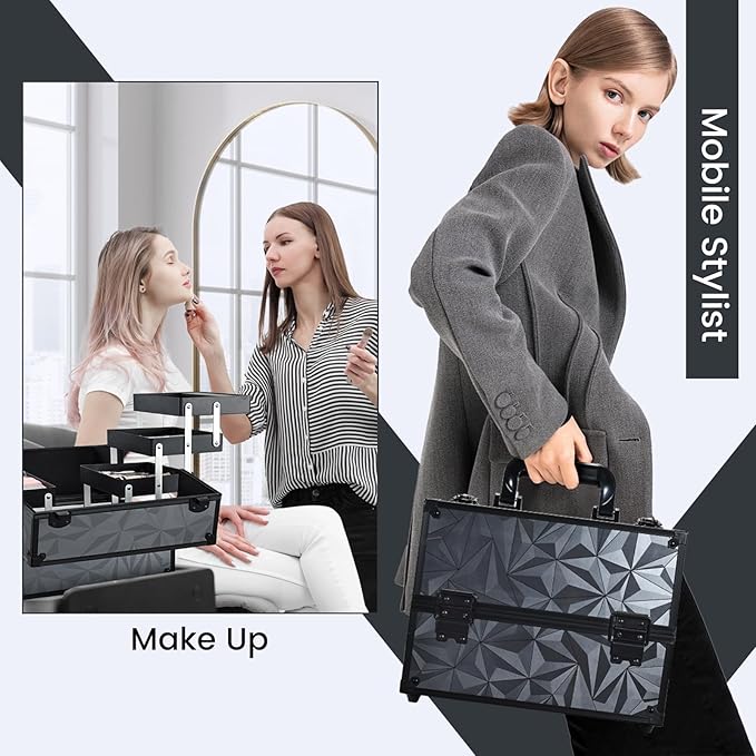 FRENESSA Makeup Train Case Makeup Case 11.8 Inch Large Cosmetic Box Organizer Travel Storage Professional Make Up Train Carrying Case with 6 Trays Locking Hard Vanity Storage Dark Black