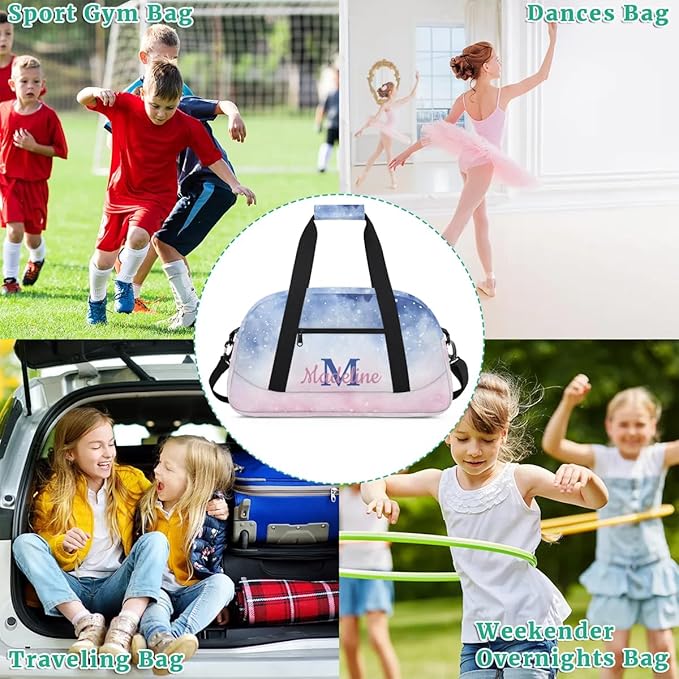 Personalized Kids Sports Duffel Bag with Name Custom Weekender Overnight Bag for Boys Girls Gym Bag Travel Dance Gymnastics Duffel Bag, Watercolor Nebula Pink Galaxy