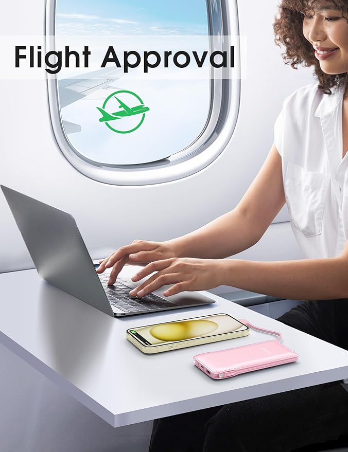 TG90° 10000mAh External Battery Pack with Built-in AC Wall Plug, Compact Cell Phone Portable Charger with Cables Power Bank Compatible with iPhone and Android Devices