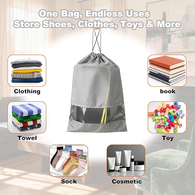 20 Pack Shoe Bags for Travel, 17" x 12.6" Drawstring Shoe Organizers with Clear Window, Breathable Non-Woven Dustproof Pouches for Luggage & Closet (Gray)