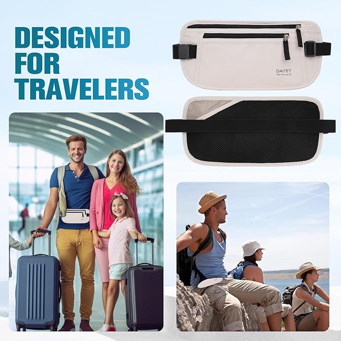 PU Leather Money Belt - Passport Holder Secure Hidden Travel Wallet with RFID Blocking, Undercover Fanny Pack(White)