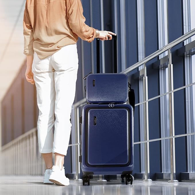 20 Inch Carry On Luggage 22x14x9 Airline Approved, Carry On Suitcase with Wheels, Hard-shell Carry-on Luggage, Durable Luggage Carry-On, Navy Small Suitcase with Cosmetic Case