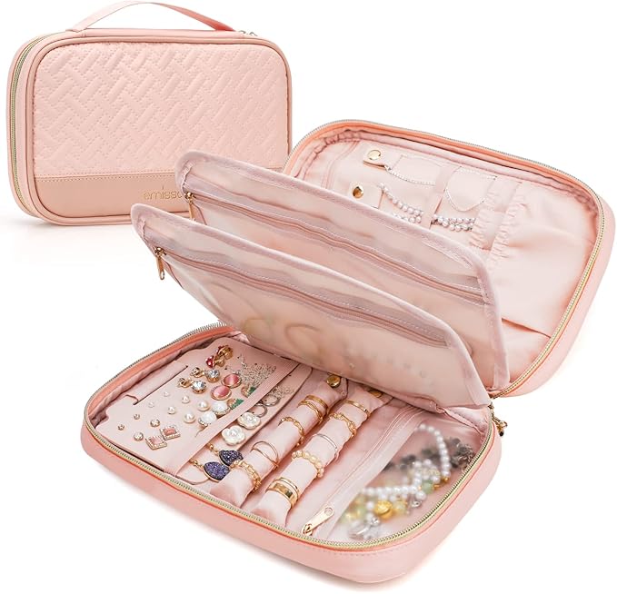 emissary Jewelry Organizer Case Travel Jewelry Storage Bag for Necklace, Earrings, Rings, Bracelet, Valentines Day Gifts, Earring Storage, Necklace Storage, Pouch Bag Accessories for Travel (Pink)
