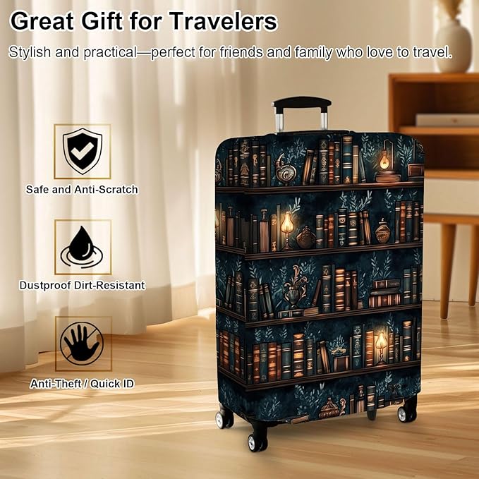 Luggage Cover Protector for 26-28 Inch Suitcases, TSA Approved Elastic Travel Suitcase Covers, Anti-Scratch Washable Luggage Sleeve for Carry On & Checked Bags, Drawn Bookshelv