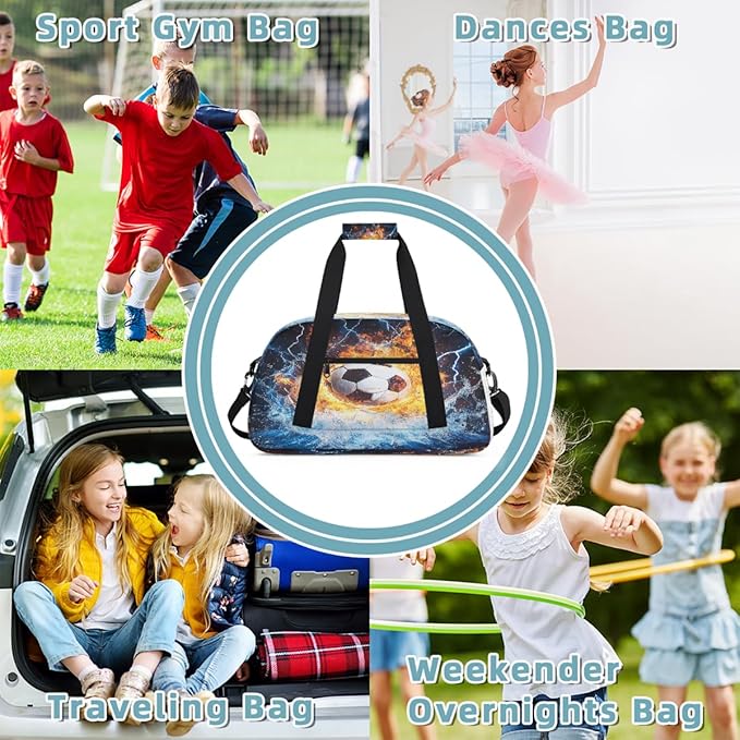 Kids Duffle Bag Girls Boys Soccer Ball Sport In Fire Ice Weekender Overnight Bag,Lightweight Duffel Bags for Traveling Gym Sport Dance