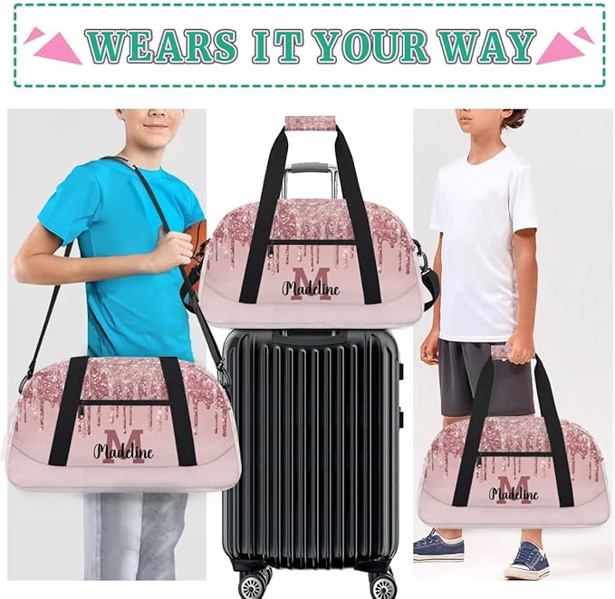 Personalized Kids Sports Duffel Bag with Name Custom Weekender Overnight Bag for Boys Girls Gym Bag Travel Dance Gymnastics Duffel Bag, Light Pink Glitter