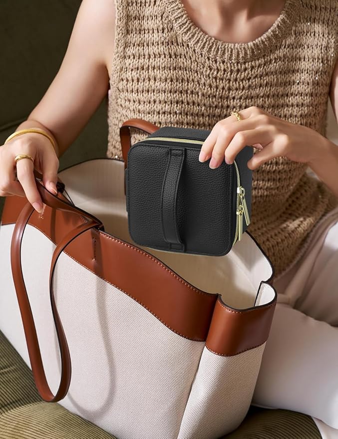 HofferRuffer Jewelry Box Organizer for Women Girls, Travel Jewelry Case with 6 Portable Zipper Bags, Jewelry Storage Ideal for Travel & Home Organization (6pcs-Black Faux Leather)