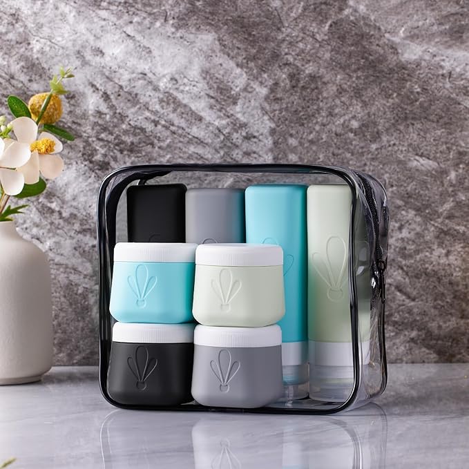 INSFIT 8 Pack Silicone Travel Bottles & Cream Jars with Toiletry Bag, 3oz Leakproof Containers & 2oz Jars with Waterproof Labels, BPA-Free Squeezable Toiletries Set for Shampoo, Lotion, Cosmetics