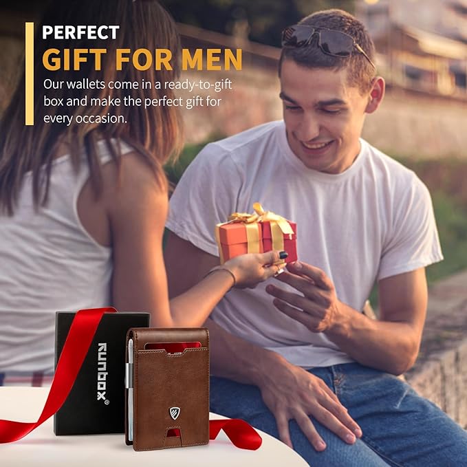 RUNBOX Mens Slim Wallet with Money Clip RFID Blocking Bifold Credit Card Holder for Men with Gift Box
