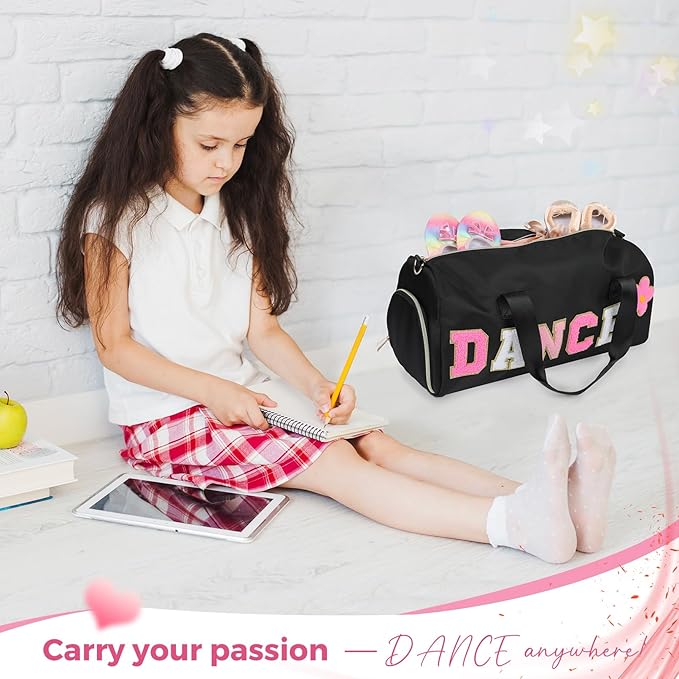 Dance Bag for Girls, KUIRAN Travel Duffel Bag with Shoe Compartment Lightweight Gym Sport Ballet Weekender Bag - Black/Shoe Compartment