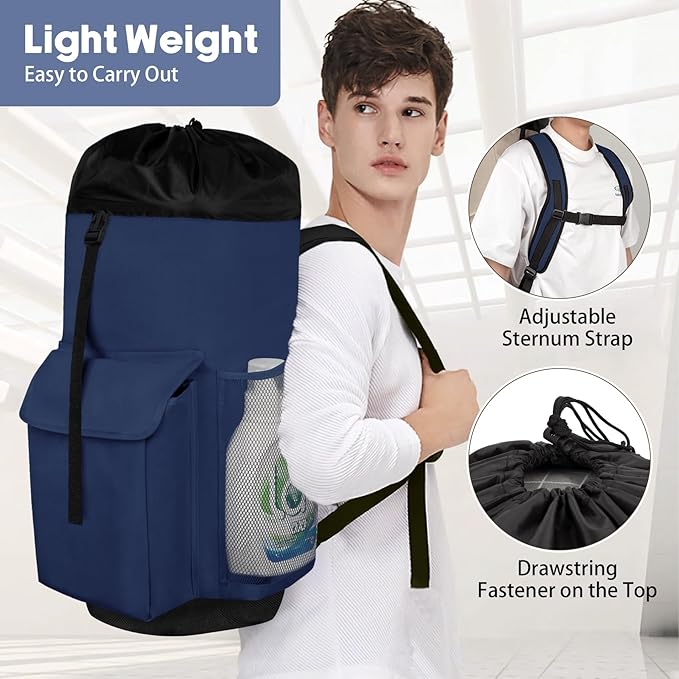 Laundry Backpack Bag, 132L Extra Large Heavy Duty Laundry Backpack for College Dorm Essentials, Laundry Hamper Travel Bag with Shoulder Straps and Mesh Wash Bags for Laundromat, Apartment Blue