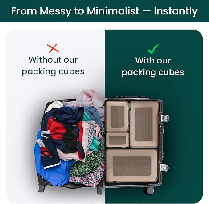 Nobl Travel Compressible Packing Cubes Set, 6 Pieces Travel Packing Organizers, Compression Luggage Cubes for Suitcases & Carry On, Space Saving (XXS, XS, S, M, L, XL) - Sand