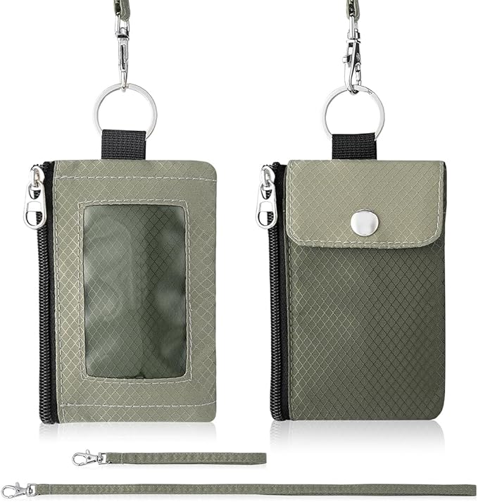 Minimalist Wallet For Mens Womens, Keychain RFID Blocking Zipper Small Wallet with ID Window 2 Lanyards,Water Resistant Travel Cash Card Coin Case Boys Girls
