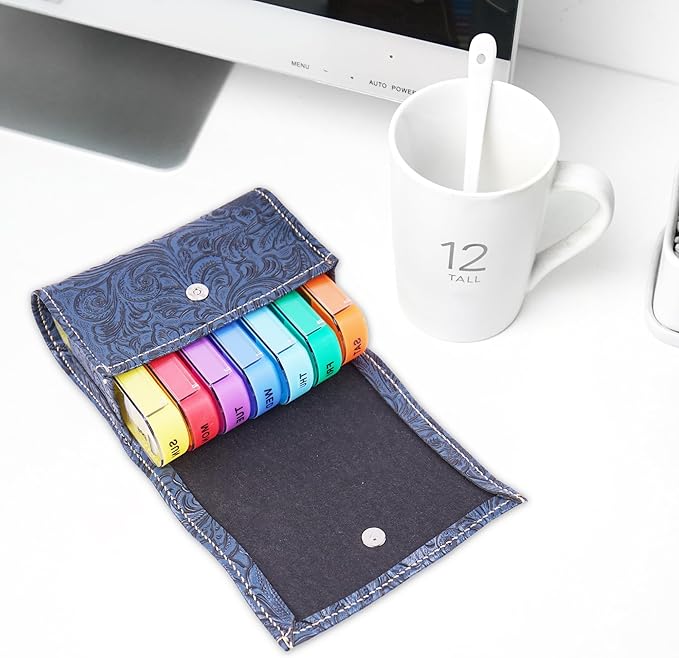 Pill Organizer,LIZIMANDU Weekly Travel Pill Case Box Medication Reminder Daily AM PM, Day Night 7 Compartments,for 4 Times A Day, 7 Days a Week-Includes Leather PU Carrying Case(1-Carved Blue2)