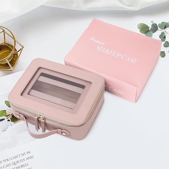 Pinkmik Clear Makeup Bag with Brush Bag 3pcs Waterproof Travel Case for Cosmetics and Toiletries Women's Makeup Organizer with Zipper (Pink, L+M+SLIM)