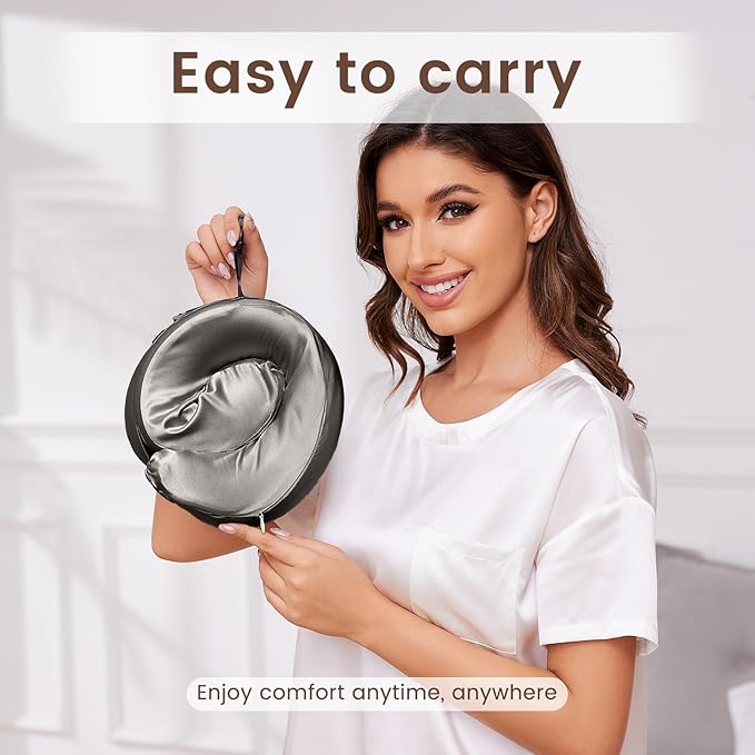 THXSILK 100% Mulberry Silk Neck Pillow for Traveling, Pure Memory Foam Travel Pillow for Airplanes, Travel Neck Pillow for Sleeping, Head and Neck Support, Includes Storage Bag (Charcoal)