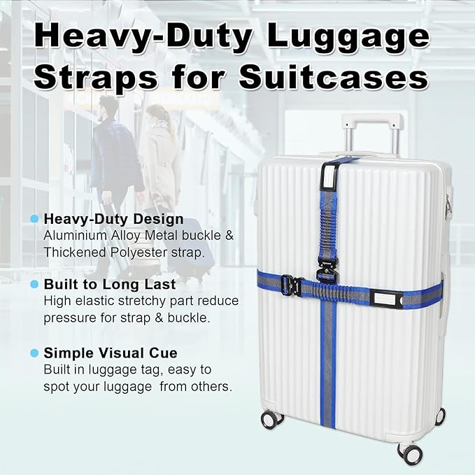 Vigorport Luggage Straps for Suitcases 2 Pack, Heavy Duty Metal Buckle Luggage Belt Strap, TSA Approved Suitcase Belt, Stretchable Travel Strap for Luggage