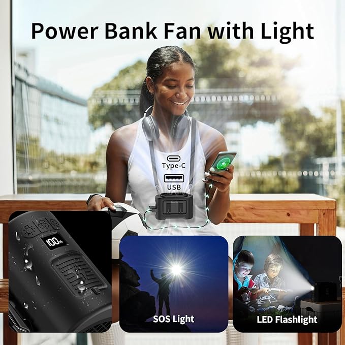 Socool 14500mAh Portable Waist Fan Clip On Wearable Belt Shirt Fan 5 Speeds with Dual Air Outlet & Flashlight Personal Hanging Neck Fans Battery Operated Rechargeable 40H Cooling For Camping Jobsite