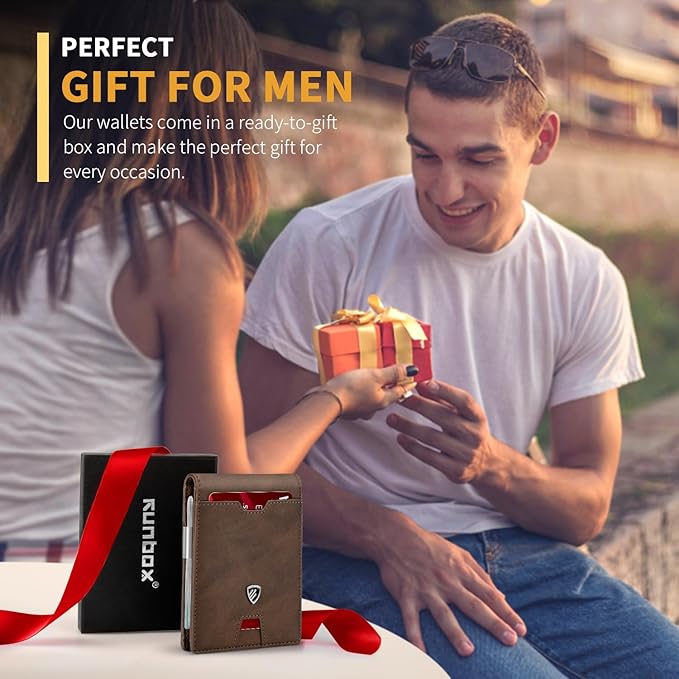 RUNBOX Mens Slim Wallet with Money Clip RFID Blocking Bifold Credit Card Holder for Men with Gift Box