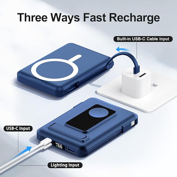 Vexnara for Magsafe Battery Pack, 10000mAh Power Bank for iPhone with Built-in Cables, 20W Fast Charging Magnetic Wireless Portable Charger with Stand for iPhone 17/16/15/14/13/12/Apple Watch Series