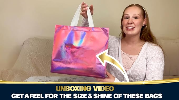Nush Nush Large Pink Iridescent Gift Bags Bulk – Set of 60 Holographic Pink Gift Bag With Handles - For Small Business, Birthday, Christmas, Goodie, Gifting, Party Favors - 13 "x 5" x 11" Size