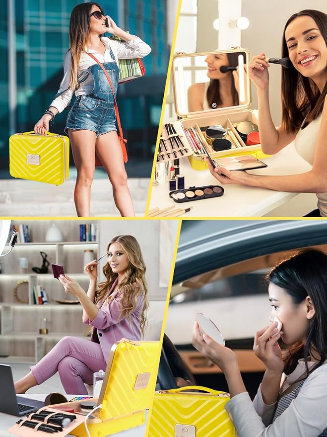 Kalolary Travel Makeup Train Cases with Lighted Mirror 3 Color Setting, Makeup Bag Cosmetic Case Organizer Adjustable Brightness Portable Makeup Storage Box with Detachable 5X Magnifying Mirror Yellow