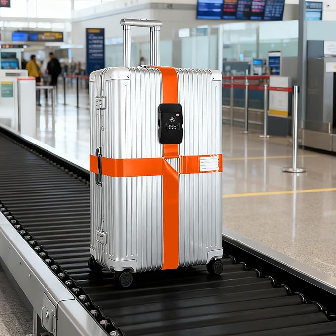 Luggage Straps, Orange TSA Approved Cross Luggage Strap Belt with Combination Lock for Suitcases, 1 Pack Adjustable Heavy Duty Cross Style Suitcase Straps with Name Tags for Travel, Carry On Bags