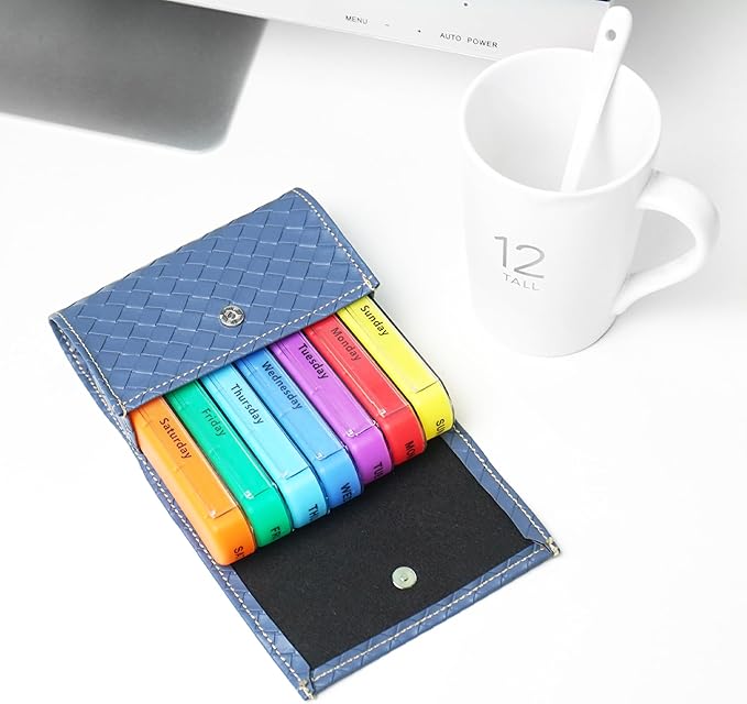 Pill Organizer,LIZIMANDU Weekly Travel Pill Case Box Medication Reminder Daily AM PM, Day Night 7 Compartments,for 4 Times A Day, 7 Days a Week-Includes Leather PU Carrying Case(1-Weave Blue)