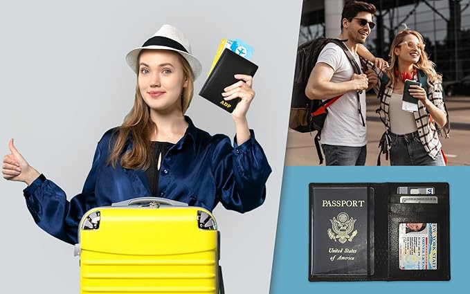 Personalized Monogrammed Black Leather RFID Passport Wallet and Luggage Tag