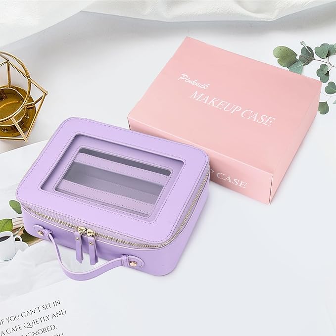 Pinkmik Clear Makeup Bag with Brush Bag 3pcs Waterproof Travel Case for Cosmetics and Toiletries Women's Makeup Organizer with Zipper (X/Purple, L+M+SLIM)